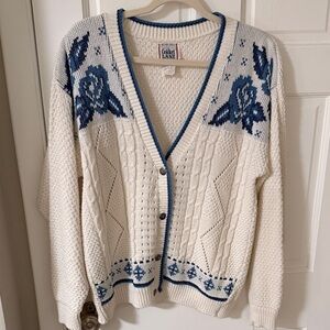 Vintage Cricket Lane V-Neck Cable Floral Rose Cardigan Cream/Blue Size Medium